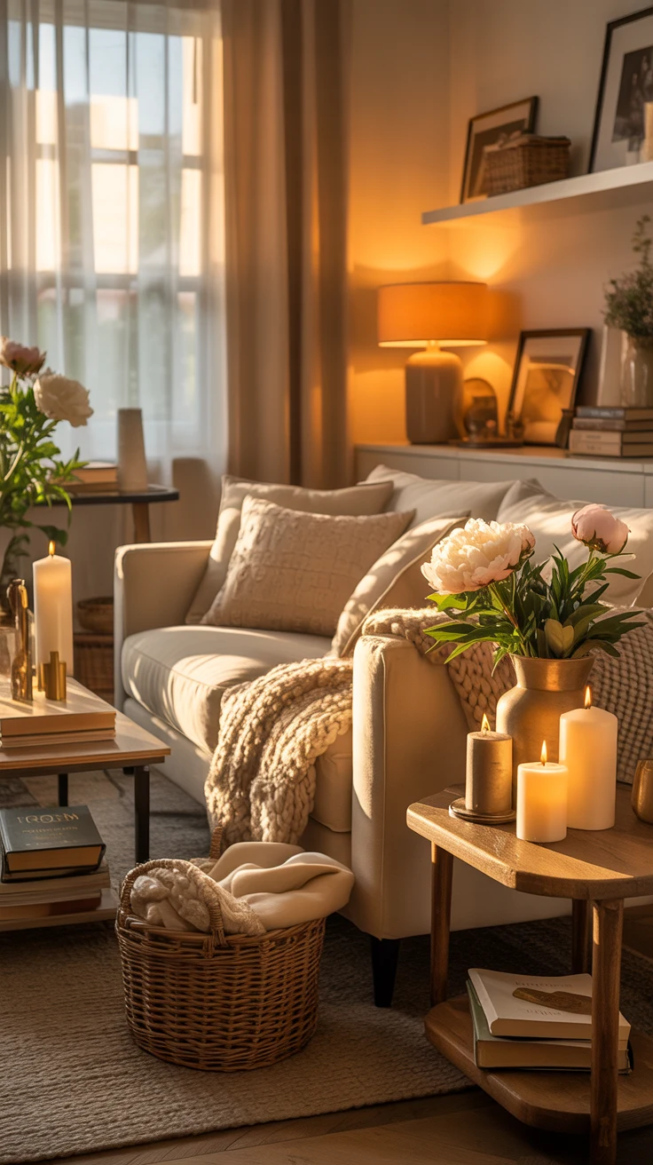 sunlit warm living room with inviting cozy details 