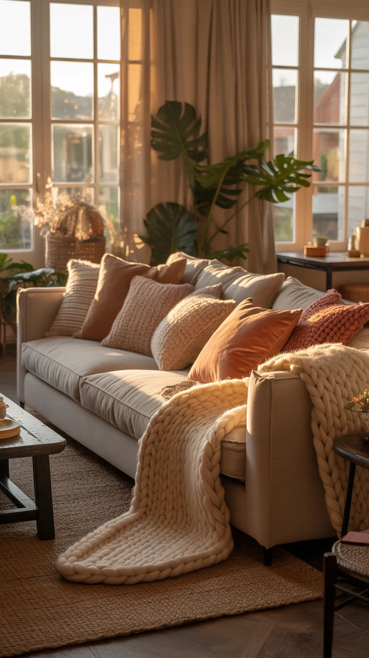 sunlit warm living room with inviting cozy details 