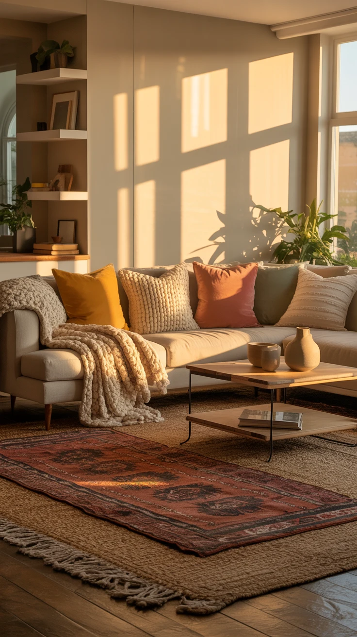 sunlit warm living room with inviting cozy details 