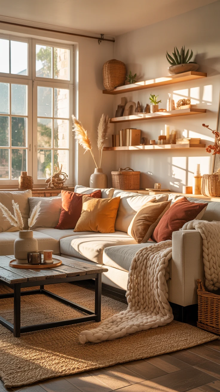sunlit warm living room with inviting cozy details 