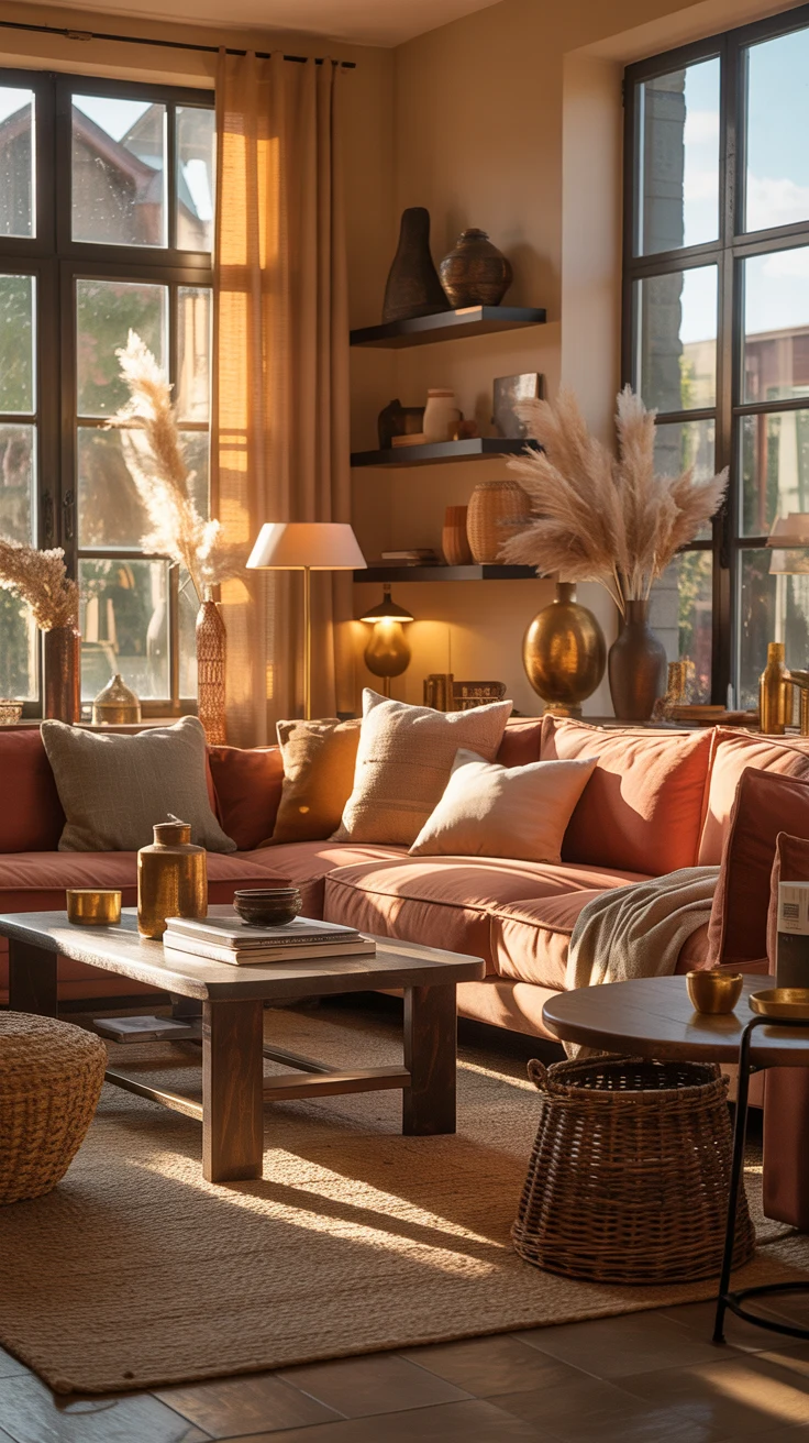 sunlit warm living room with inviting cozy details