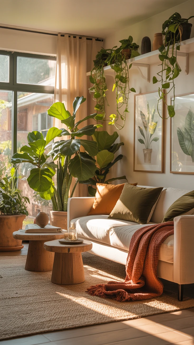 sunlit warm living room with inviting cozy details 