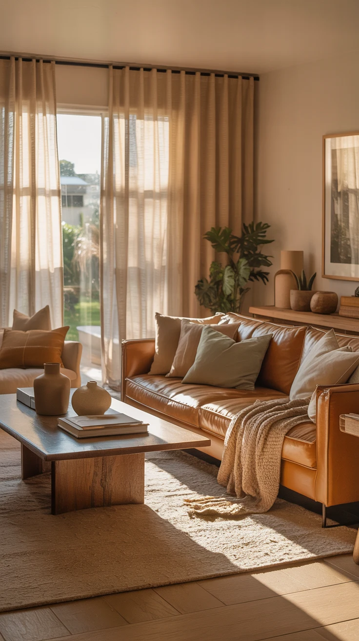 sunlit warm living room with inviting cozy details 