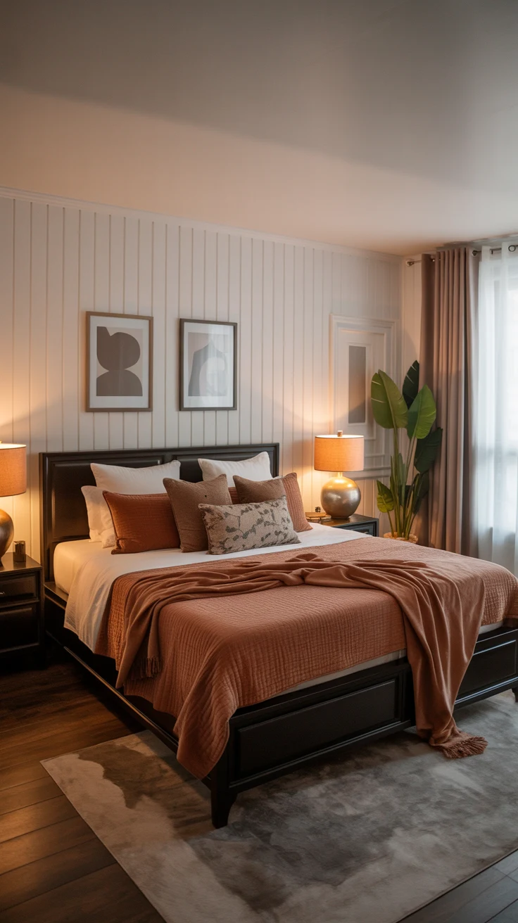 white and brown bedroom with warm lighting 