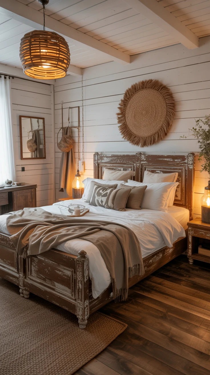 white and brown bedroom with warm lighting 