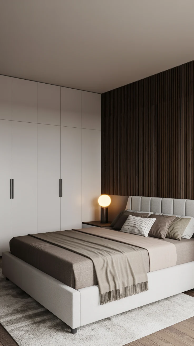 white and brown bedroom with warm lighting 