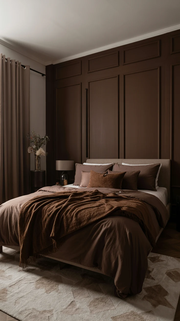white and brown bedroom with warm lighting 