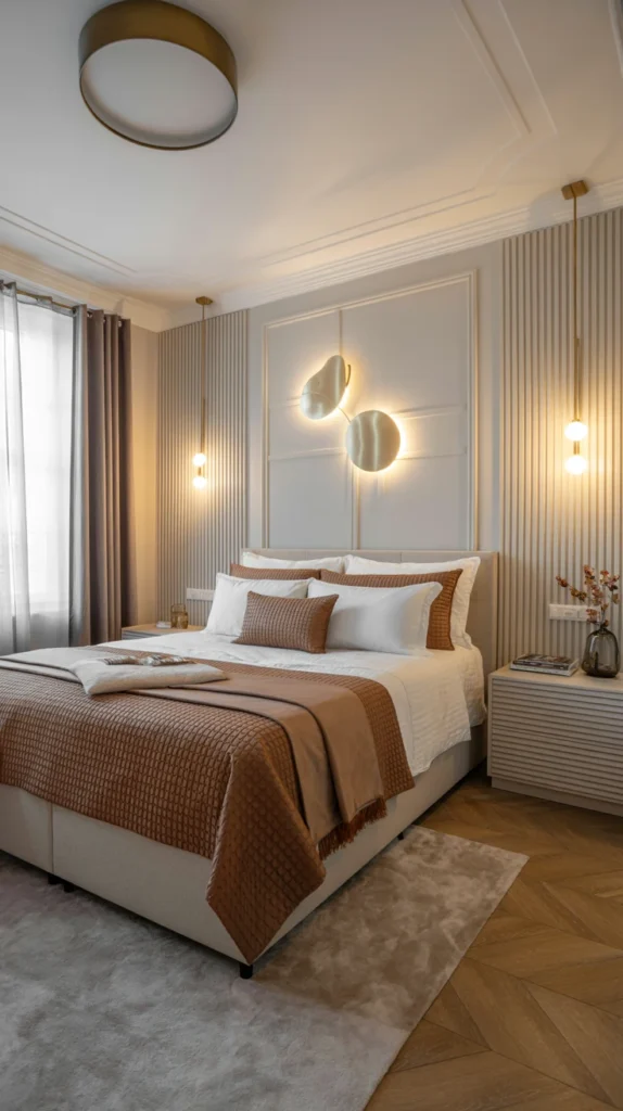 white and brown bedroom with warm lighting 