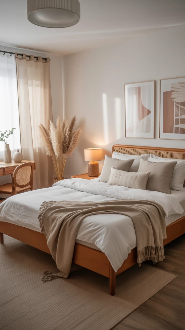 white and brown bedroom with warm lighting 