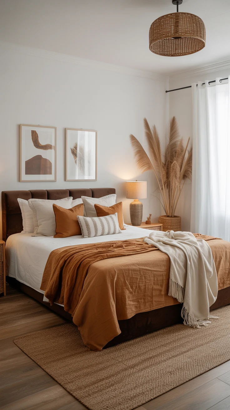 white and brown bedroom with warm lighting 