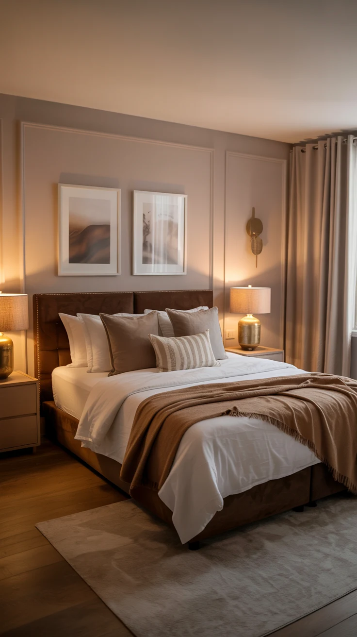 white and brown bedroom with warm lighting