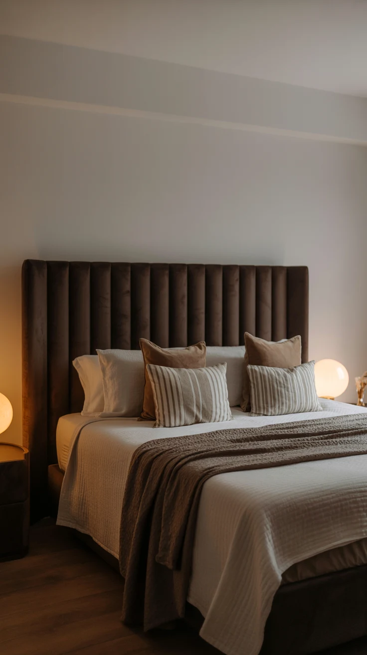 white and brown bedroom with warm lighting 