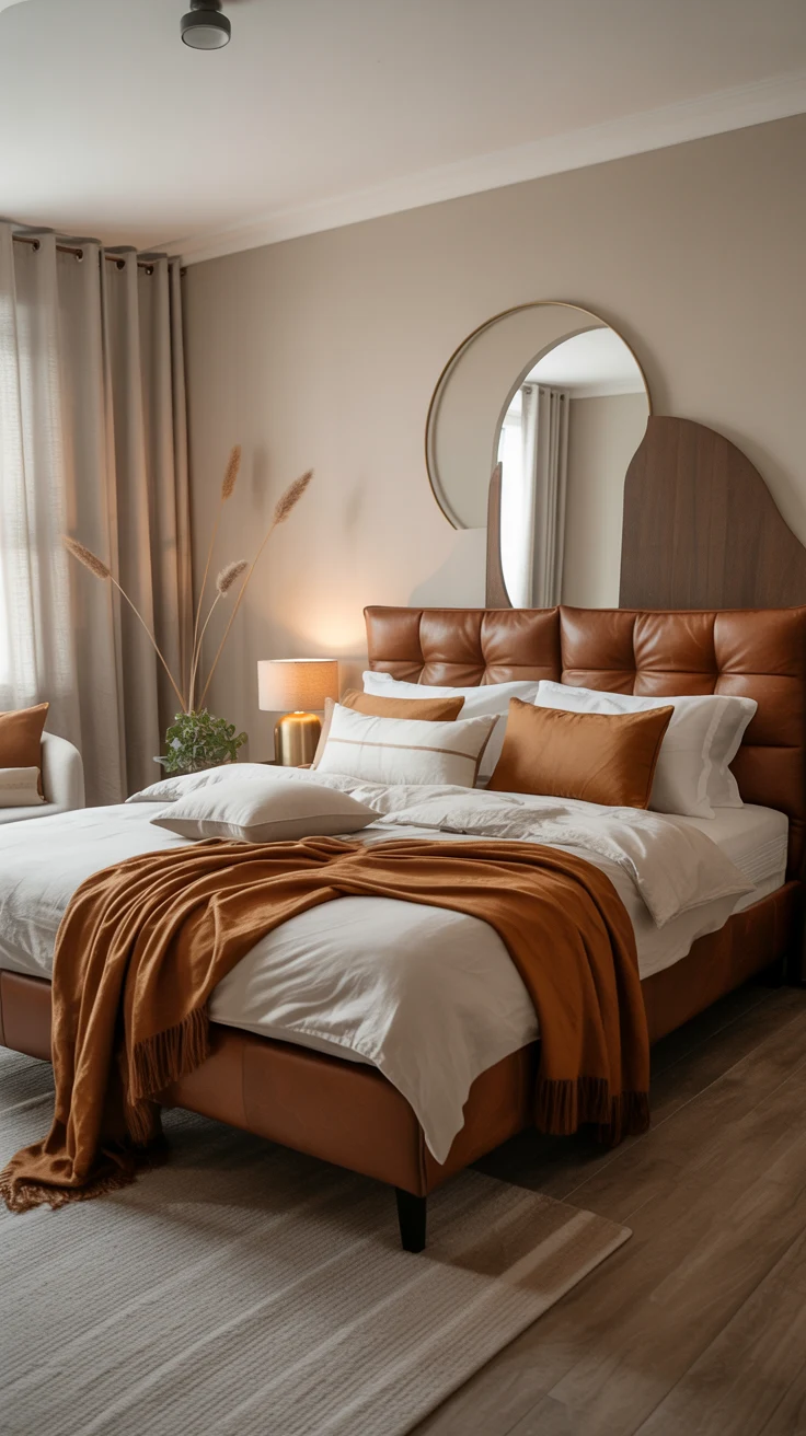 white and brown bedroom with warm lighting 