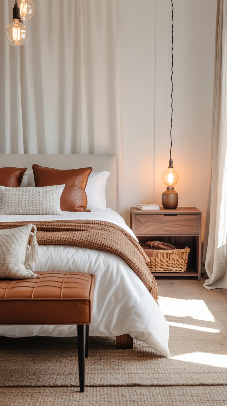 white and brown bedroom with warm lighting 