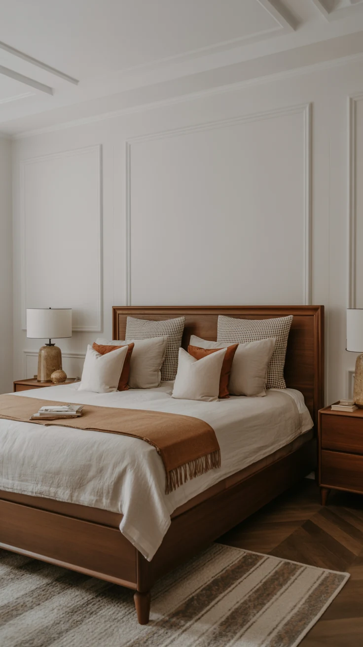 white and brown bedroom with warm lighting 