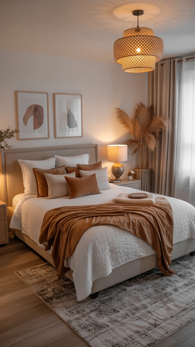 white and brown bedroom with warm lighting 