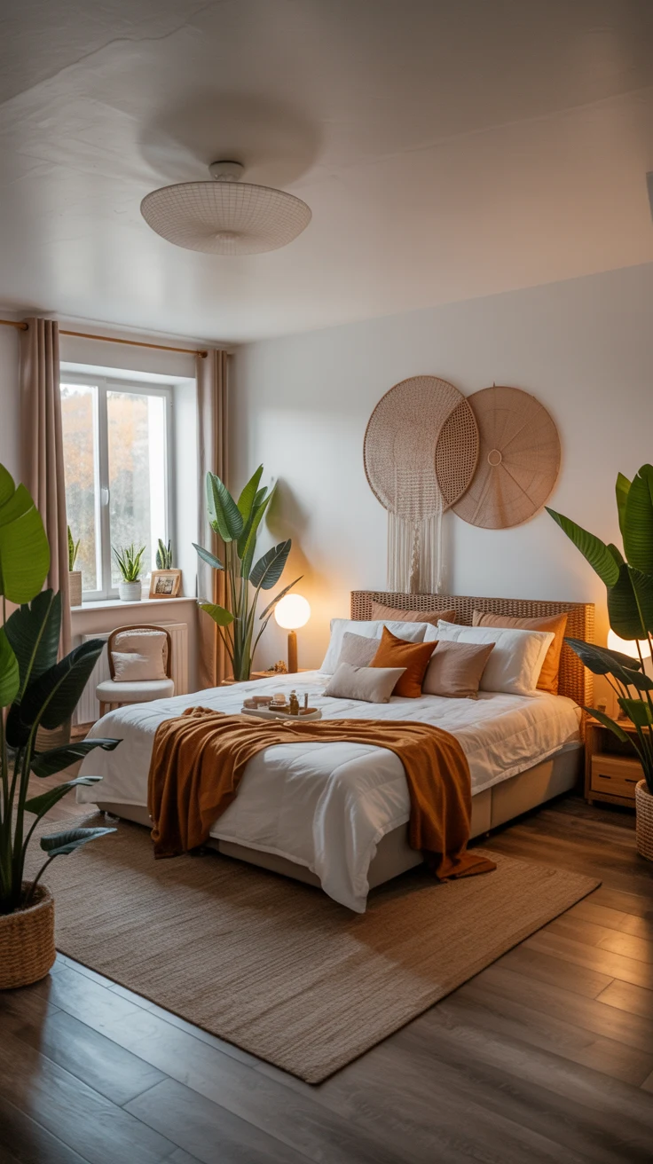 white and brown bedroom with warm lighting 