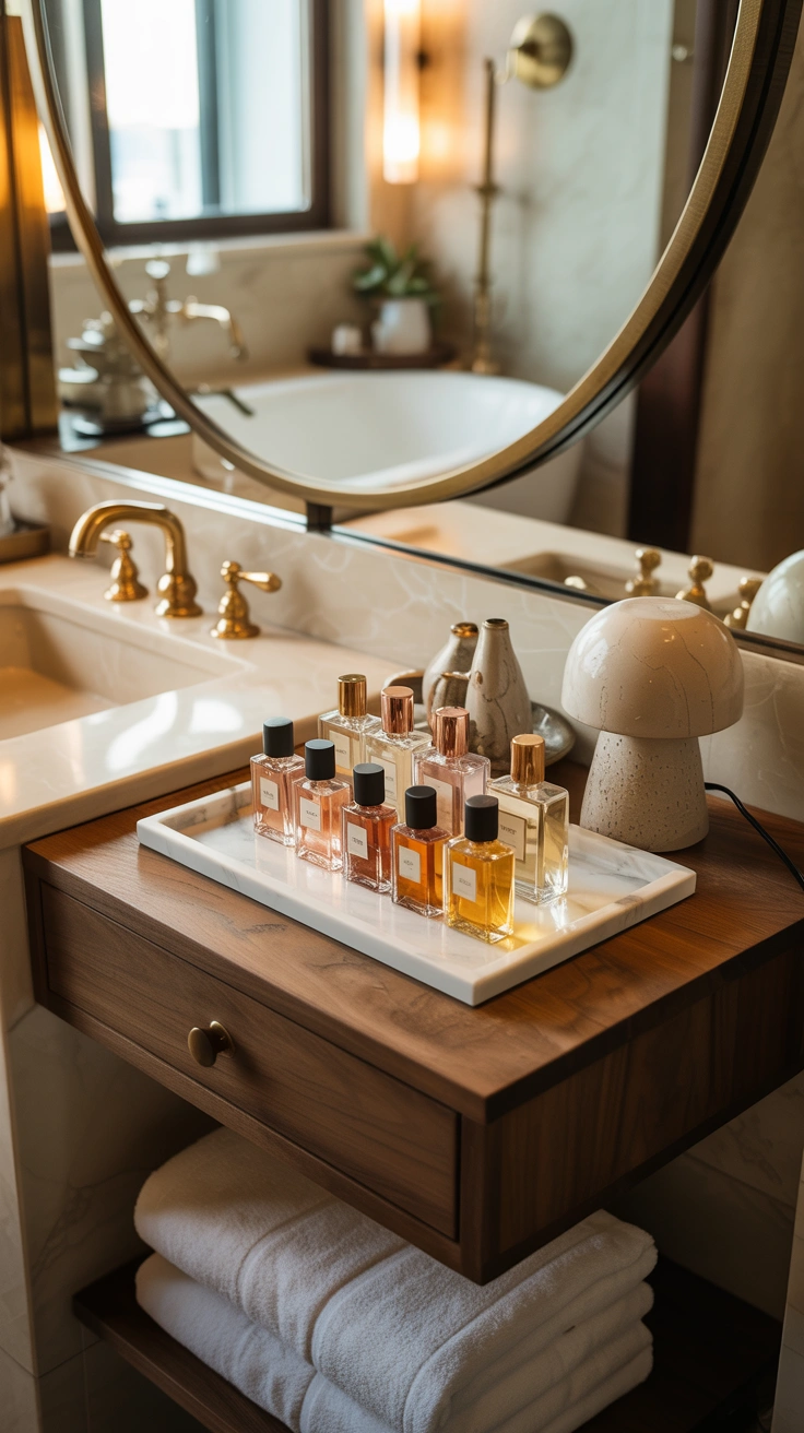 Bathroom vanity displaying luxury perfume bottles