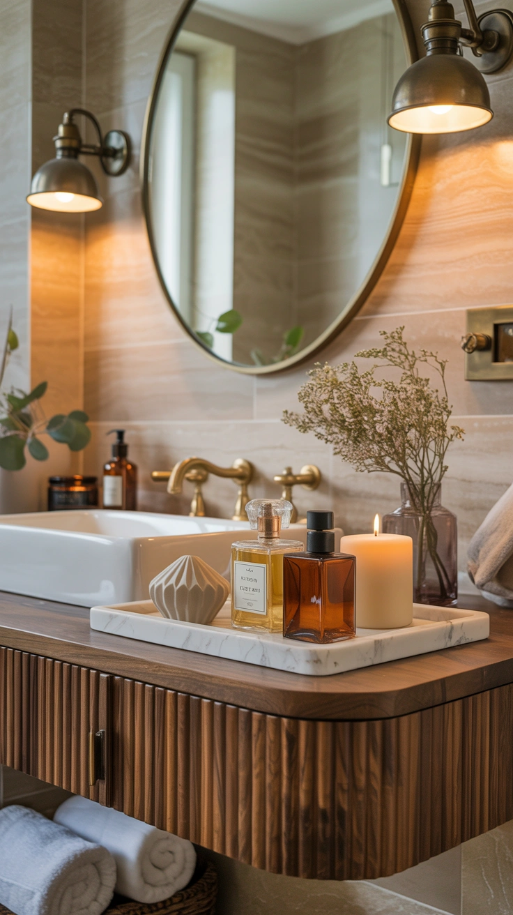Bathroom vanity styled with a marble tray