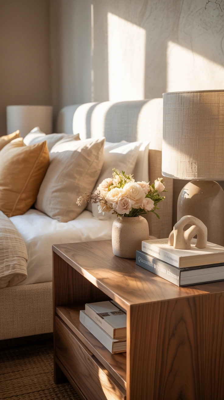 Beautiful bedside styling glowing in soft morning light