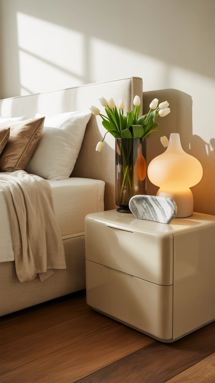 Beautiful bedside table with fresh flowers and elegant styling
