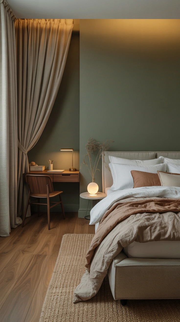 Bedroom office hidden behind elegant linen curtains