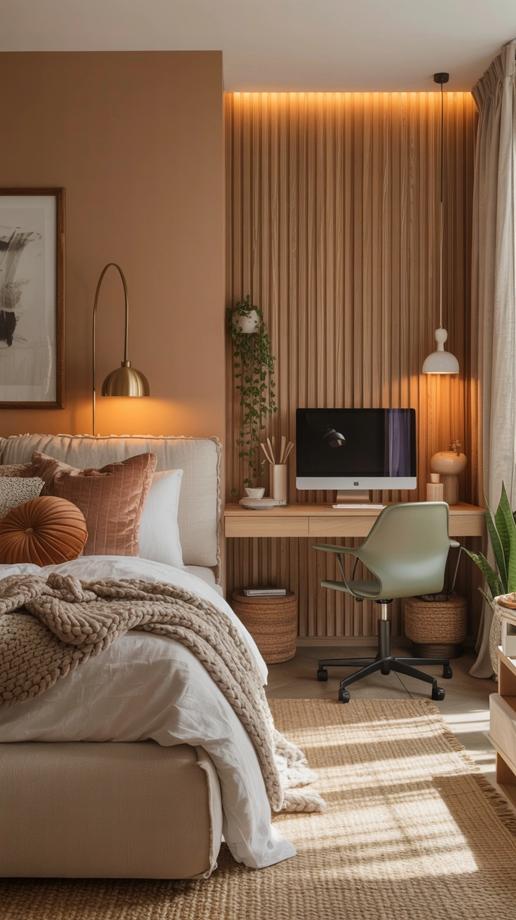Bedroom office separated with a stylish wood divider