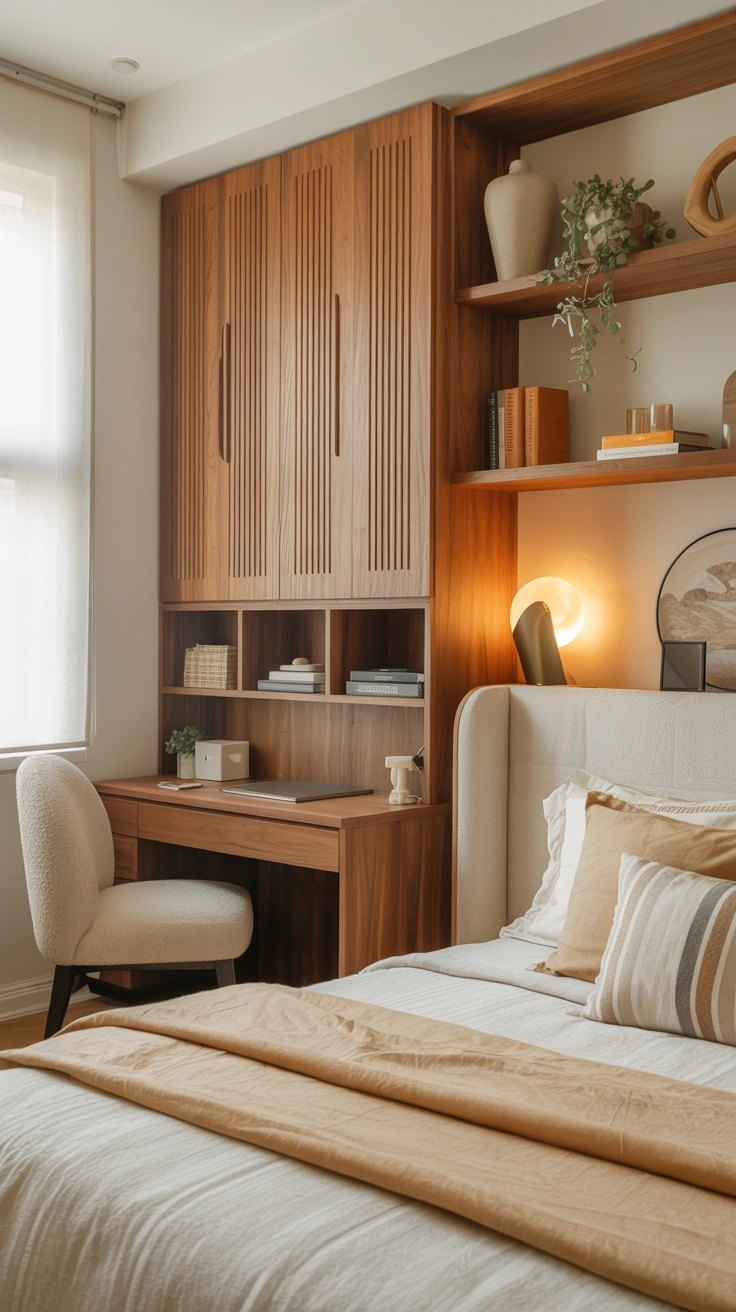 Bedroom office with stylish closed storage cabinets