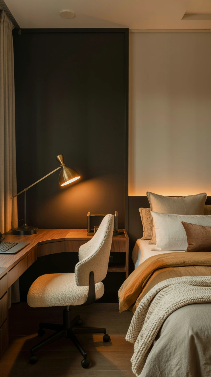 Bedroom workspace with elegant adjustable desk lighting