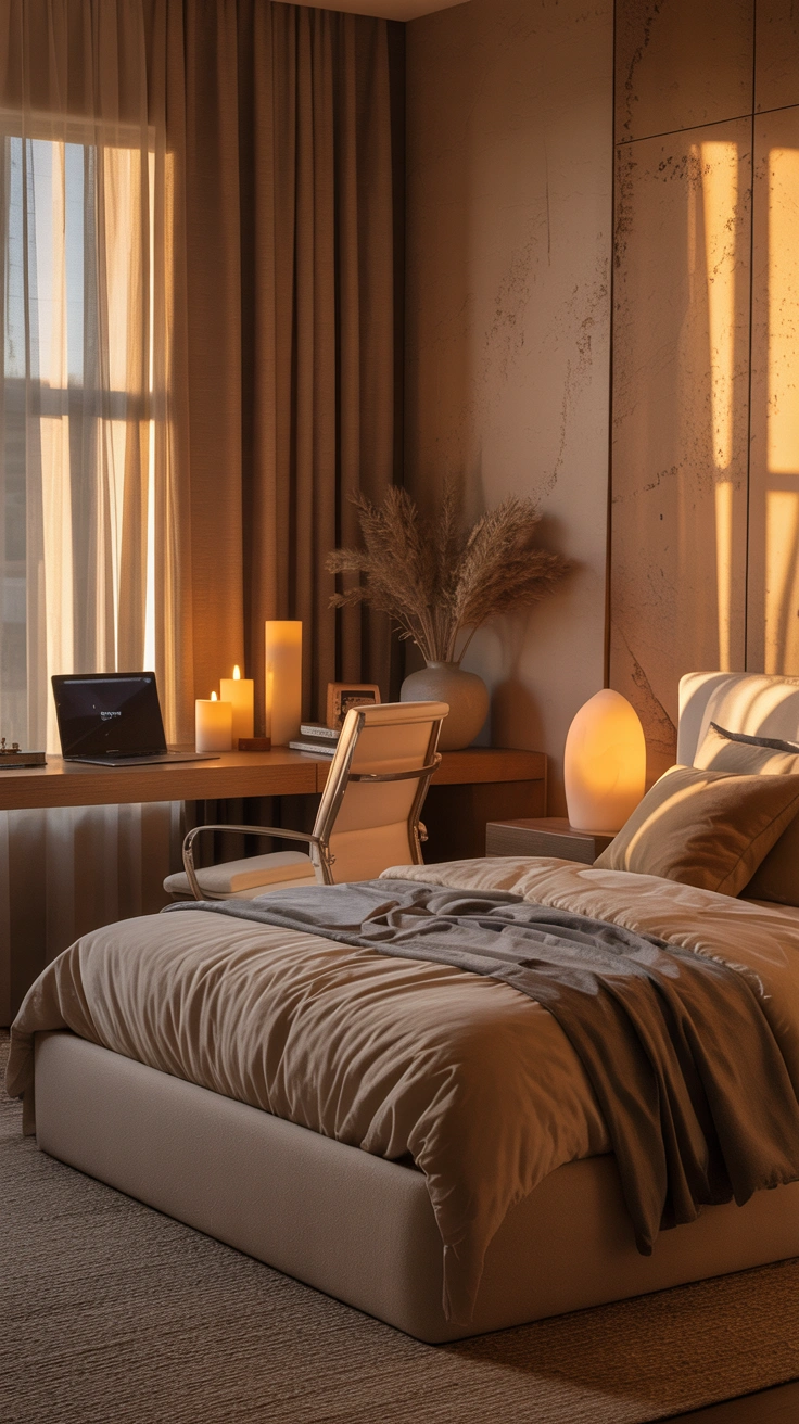 Cozy bedroom office with evening lighting and calming atmosphere
