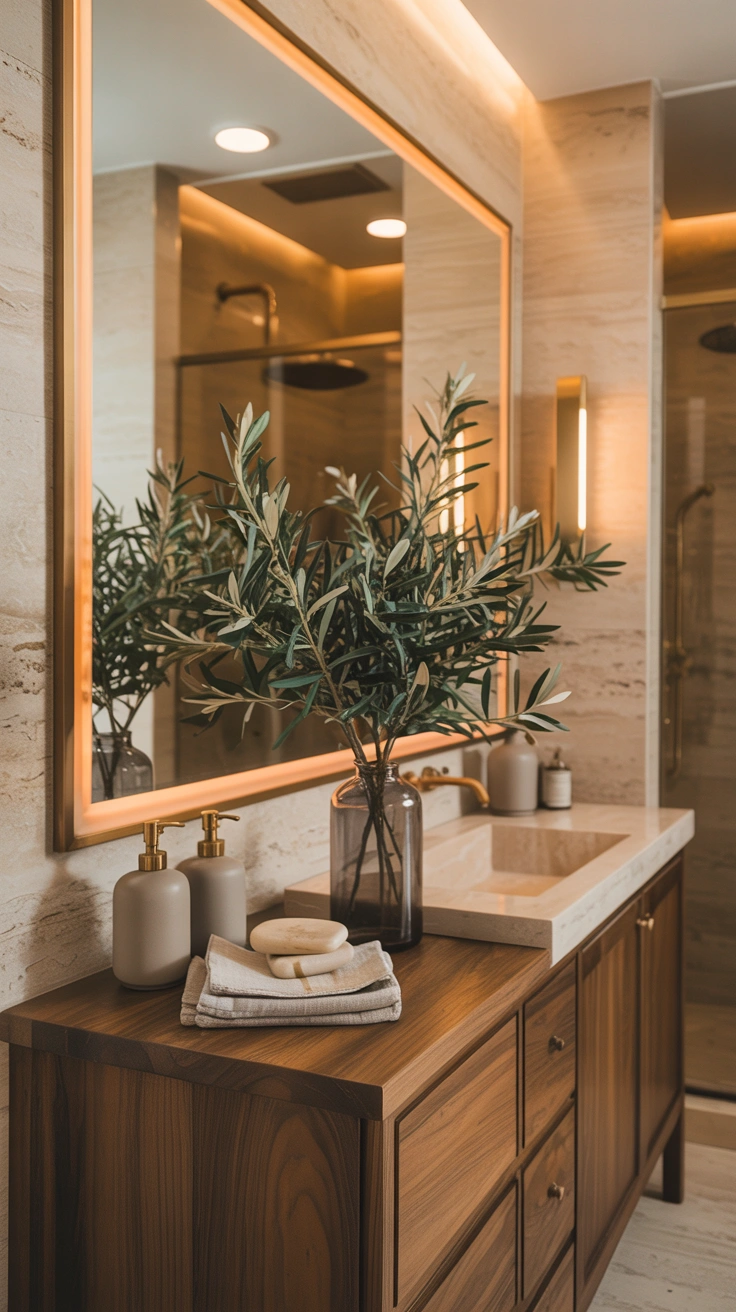 Elegant bathroom vanity decorated with fresh greenery