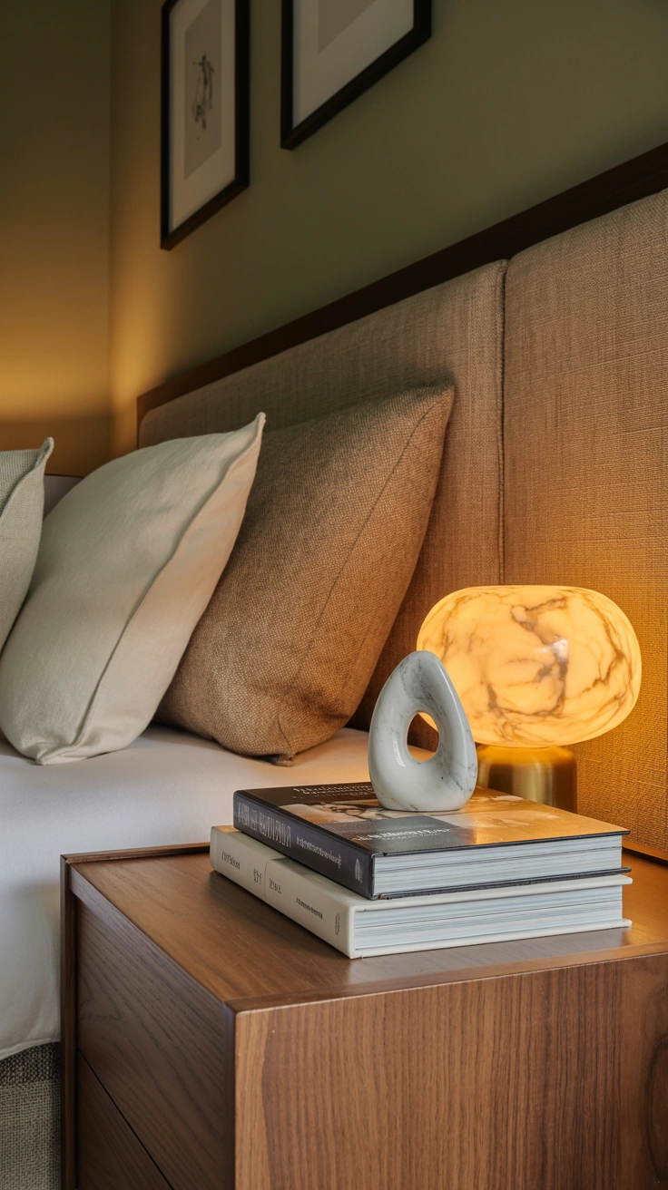 Elegant bedside table decorated with stacked design books