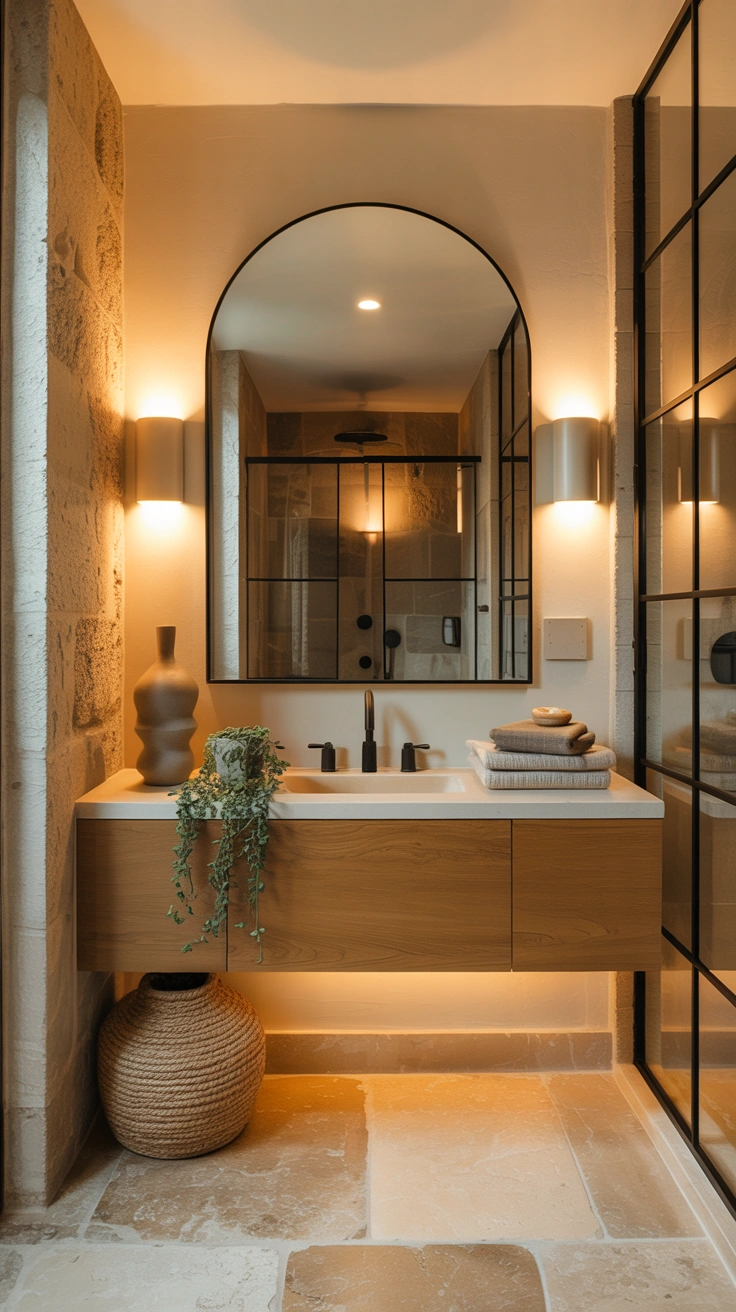 Luxury bathroom featuring a statement arched mirror