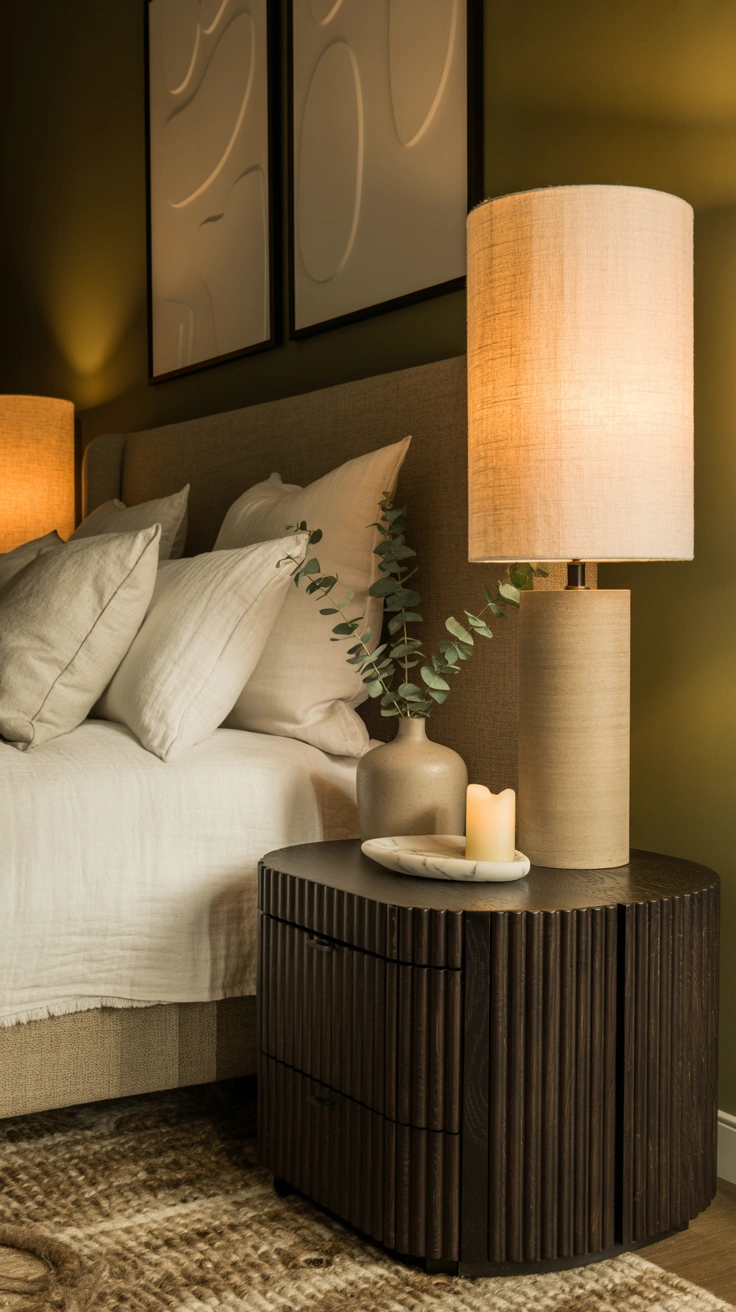 Luxury bedside styling with layered decorative heights
