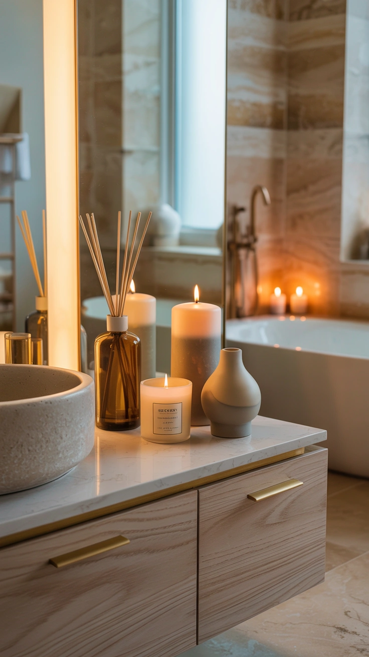 Luxury vanity with candle and reed diffuser