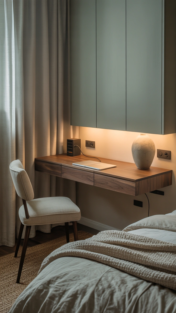 Minimal bedroom office with hidden cables and organized workspace