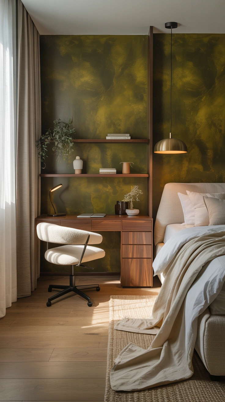 Modern bedroom with a workspace positioned away from the bed.