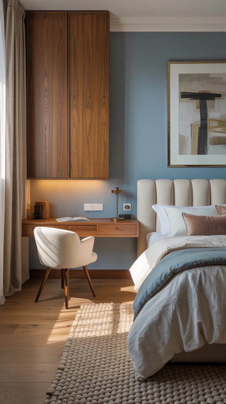 Small bedroom with a compact floating desk workspace.