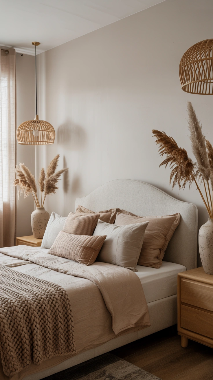 dreamy aesthetic bedroom with layered textures, warm lighting and stylish decor details