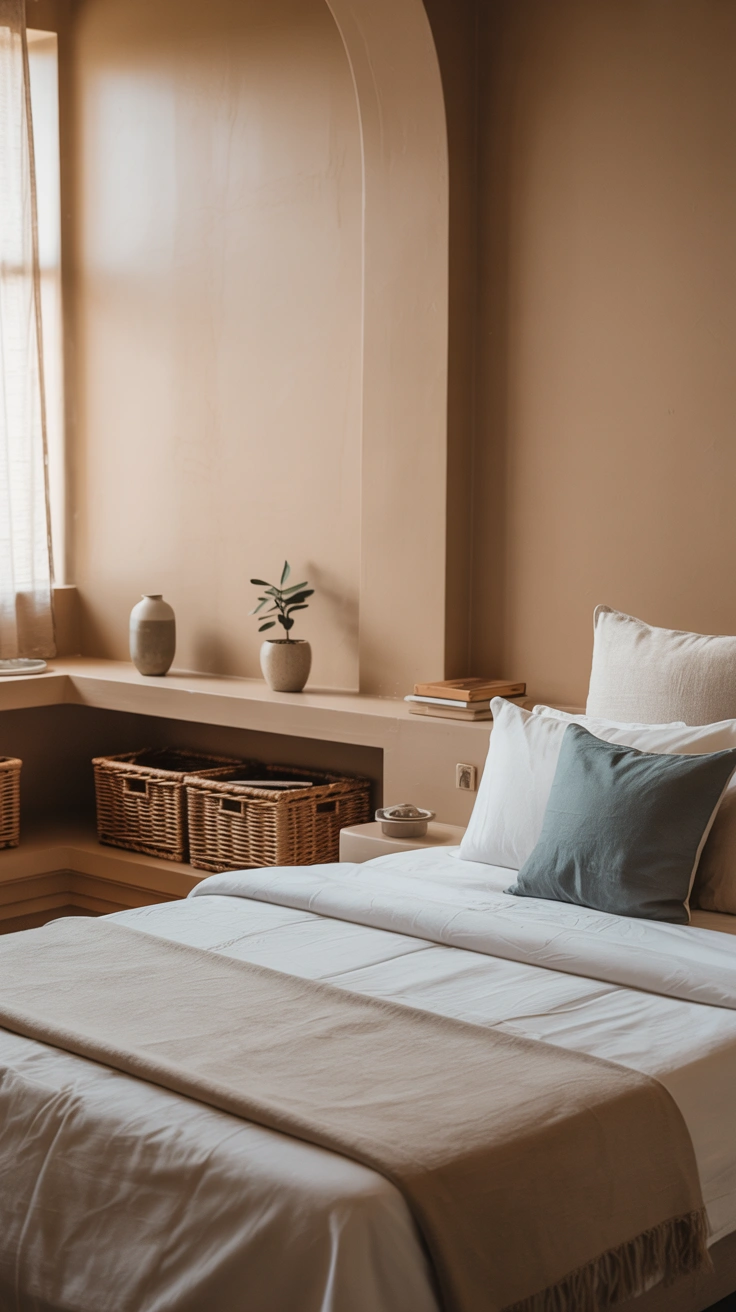 dreamy aesthetic bedroom with layered textures, warm lighting and stylish decor details