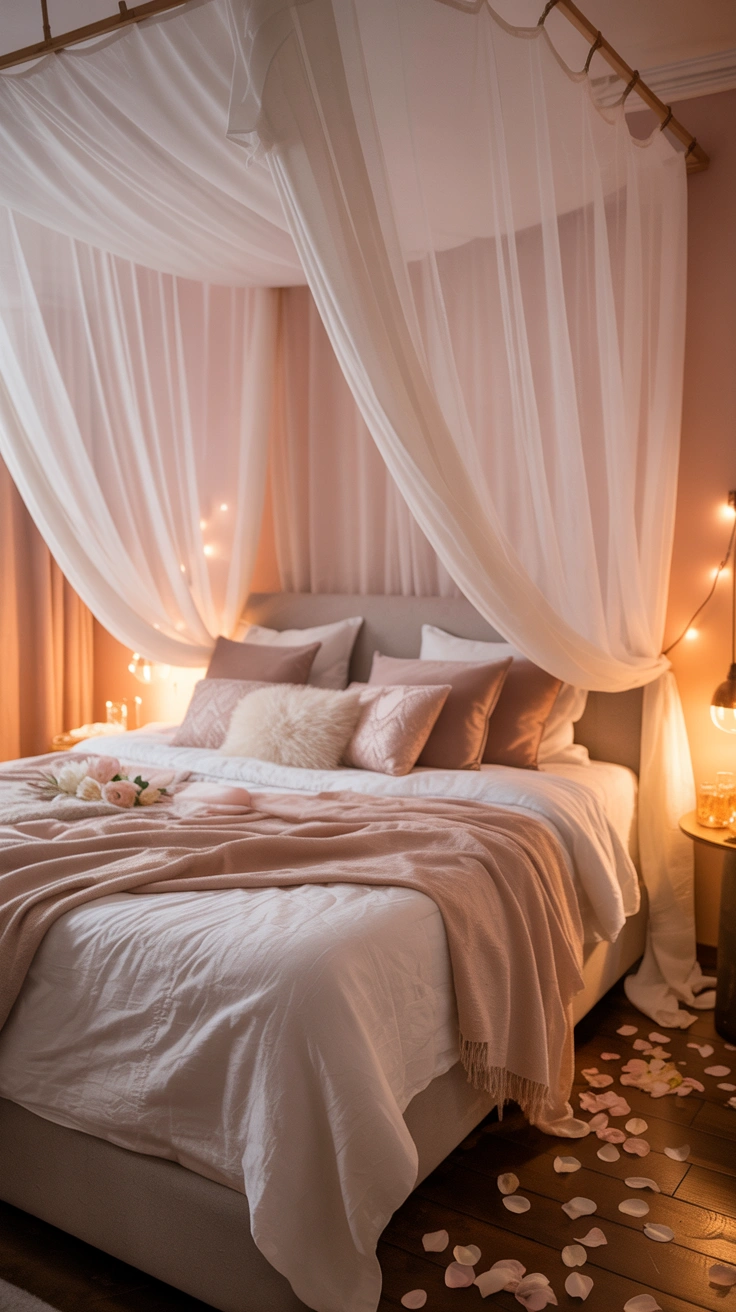dreamy aesthetic bedroom with layered textures, warm lighting and stylish decor details