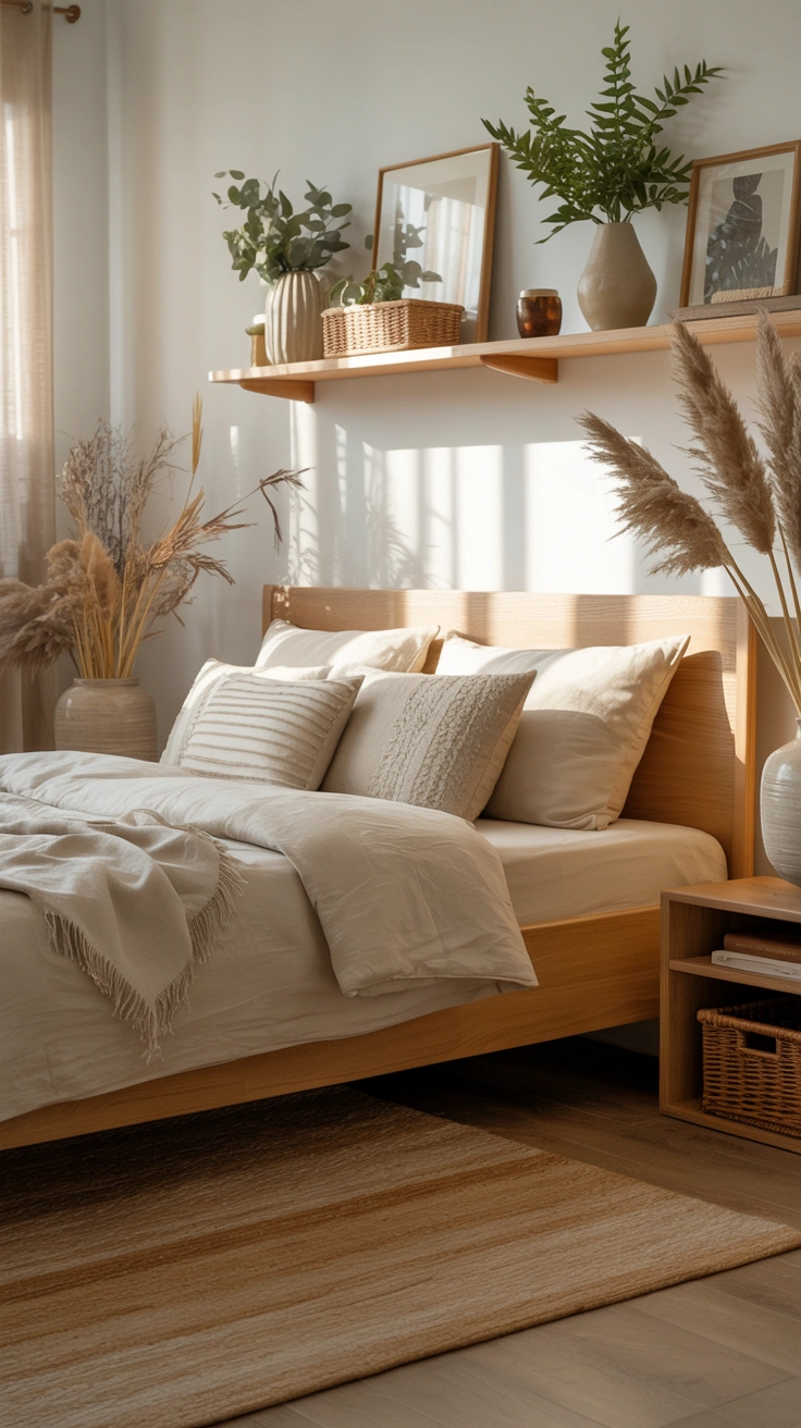 dreamy aesthetic bedroom with layered textures, warm lighting and stylish decor details