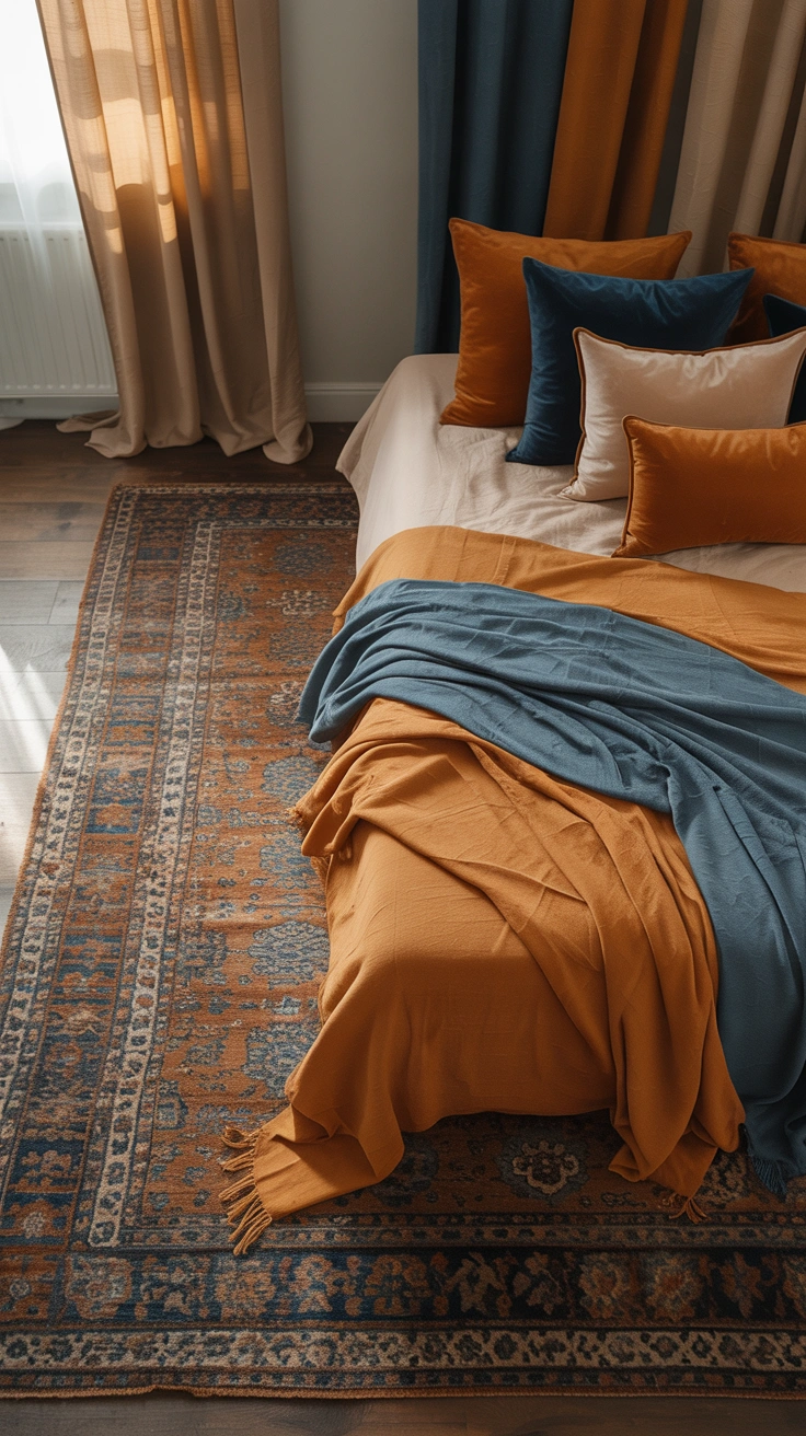 dreamy aesthetic bedroom with layered textures, warm lighting and stylish decor details