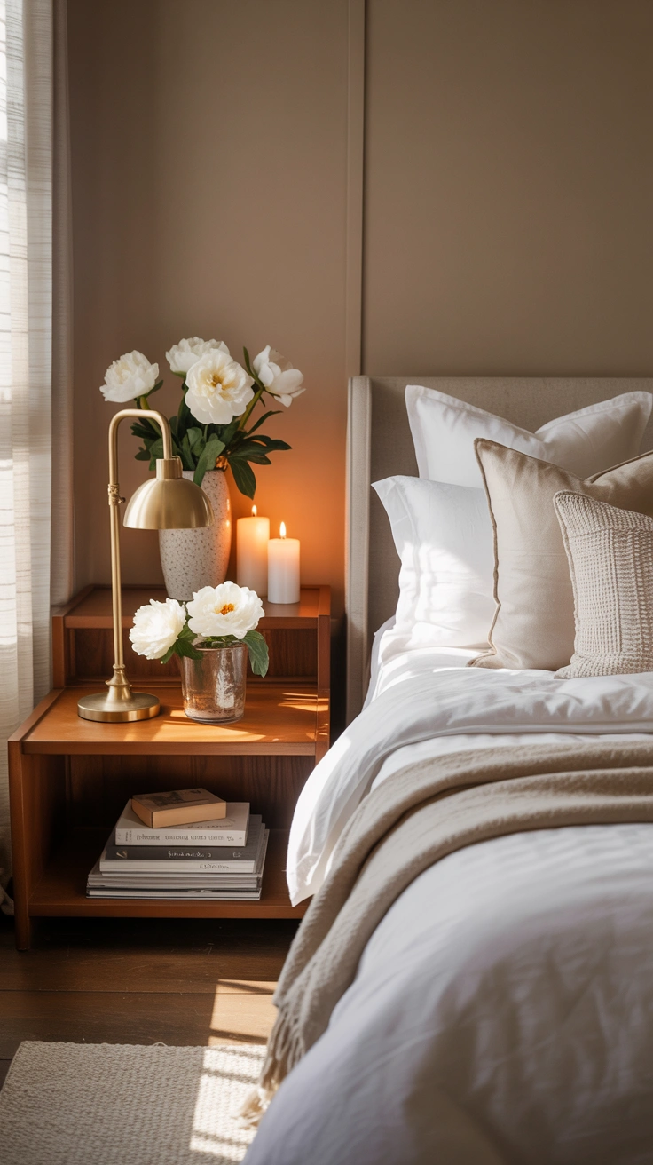 dreamy aesthetic bedroom with layered textures, warm lighting and stylish decor details