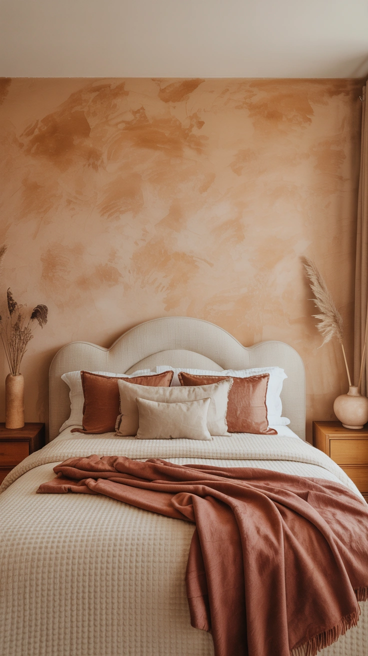 dreamy aesthetic bedroom with layered textures, warm lighting and stylish decor details