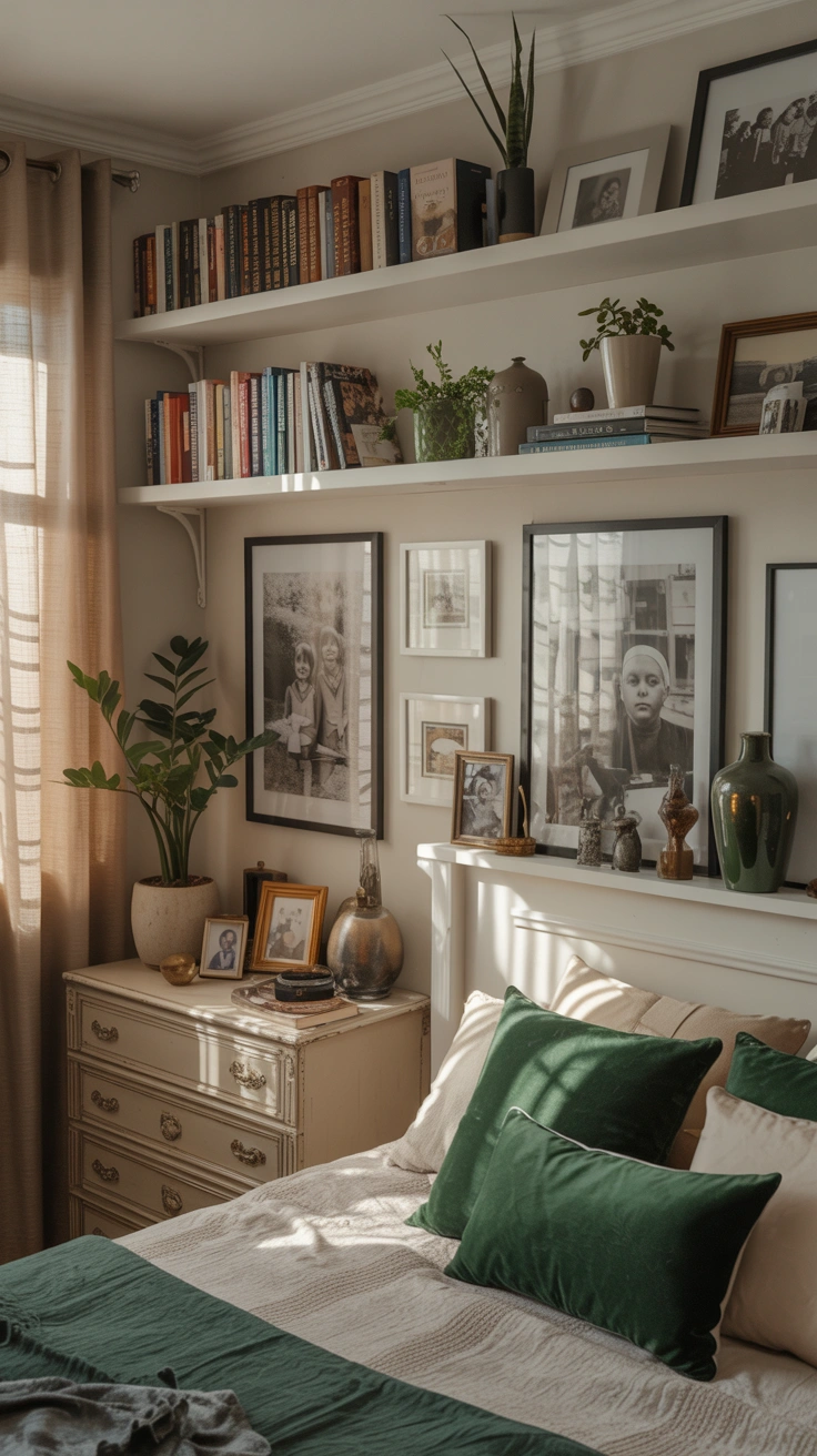 dreamy aesthetic bedroom with layered textures, warm lighting and stylish decor details