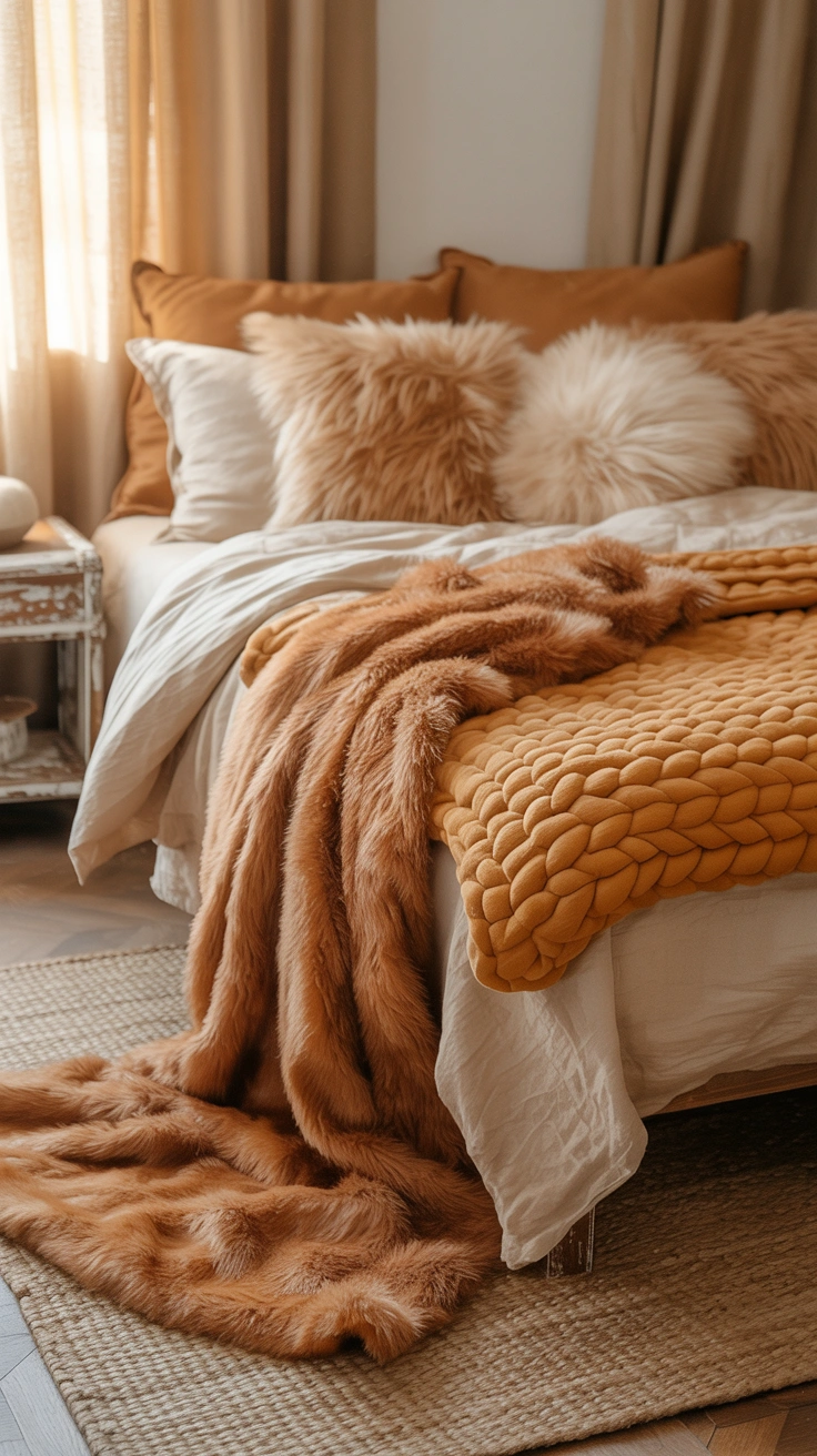 dreamy aesthetic bedroom with layered textures, warm lighting and stylish decor details