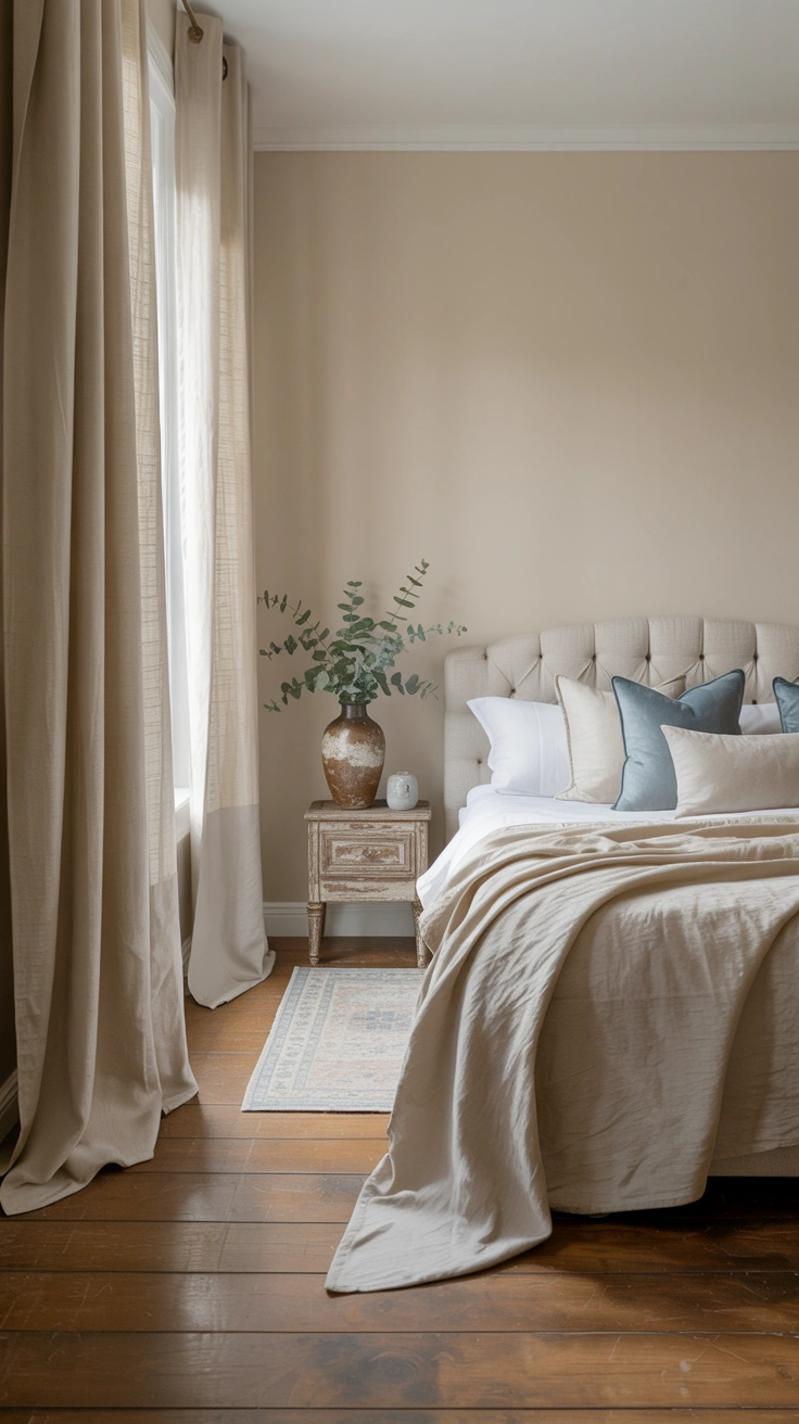 dreamy aesthetic bedroom with layered textures, warm lighting and stylish decor details