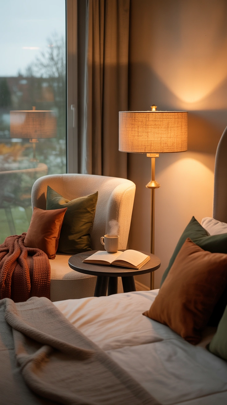 dreamy aesthetic bedroom with layered textures, warm lighting and stylish decor details