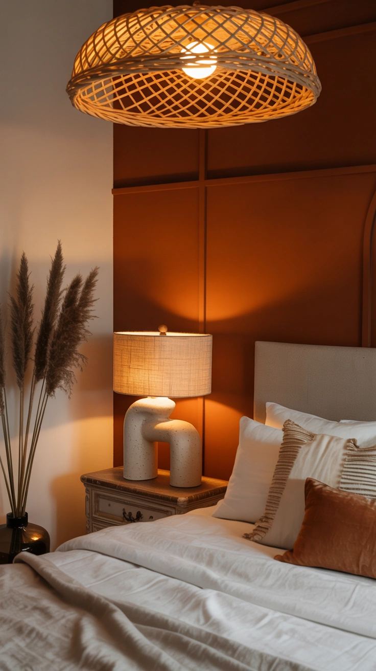 dreamy aesthetic bedroom with layered textures, warm lighting and stylish decor details